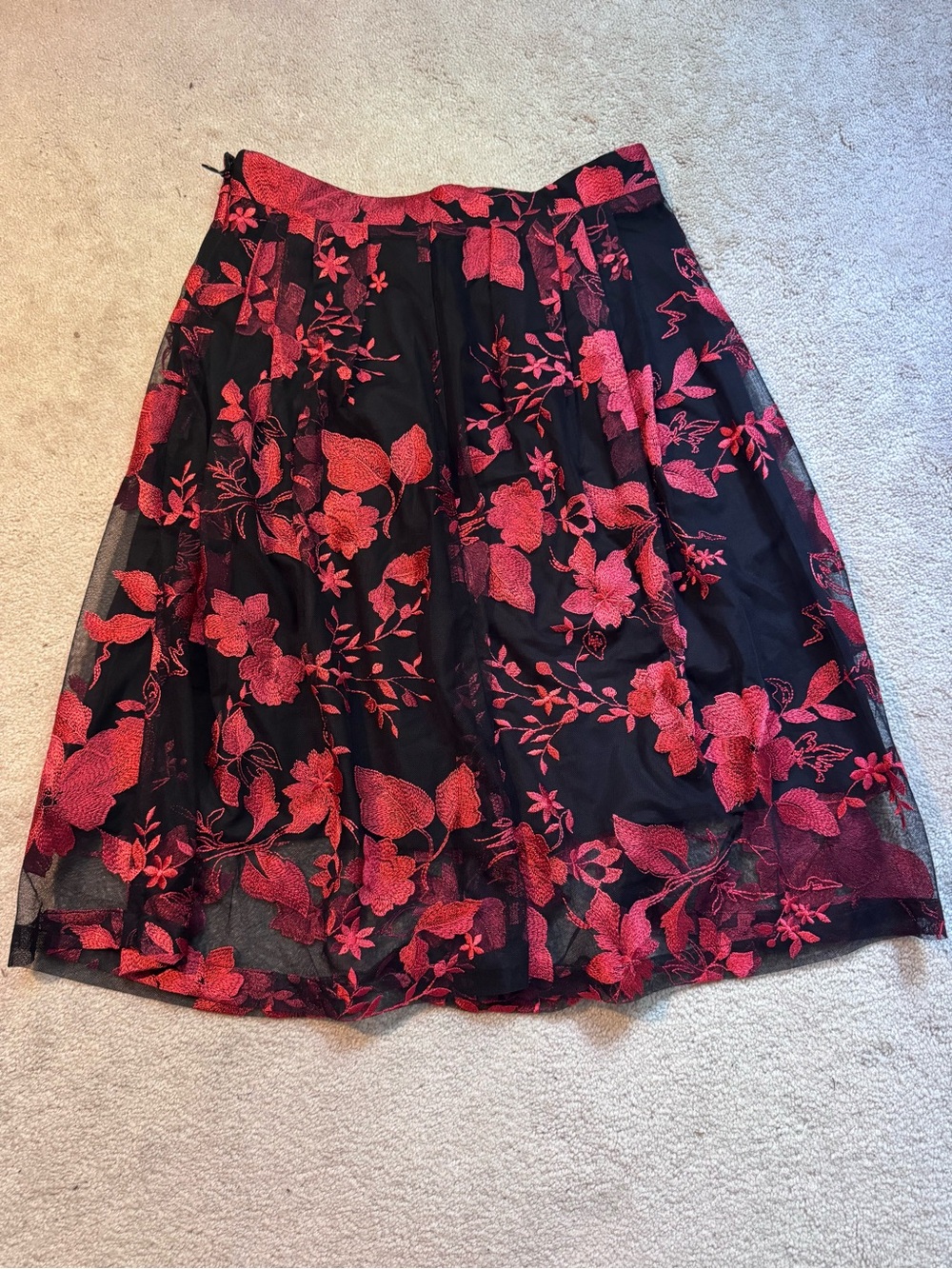 Black A-Line Skirt with Red Floral Embroidery